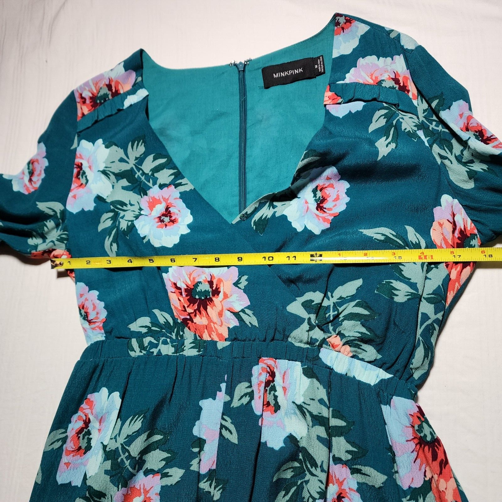 Minkpink Romper Womens Medium Green Pink Floral Short Long Sleeve Ruffles V Neck
