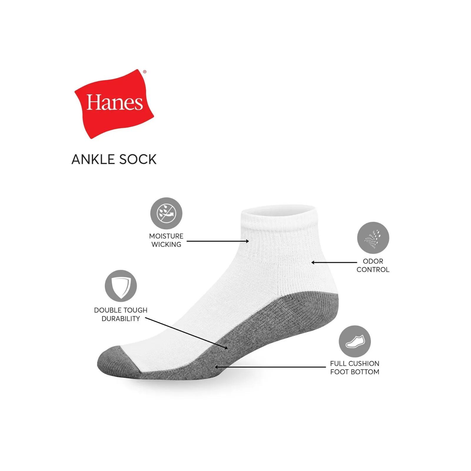 Hanes Men’s Cushion Ankle Socks (Size 6-12, 6-Pack) Black White