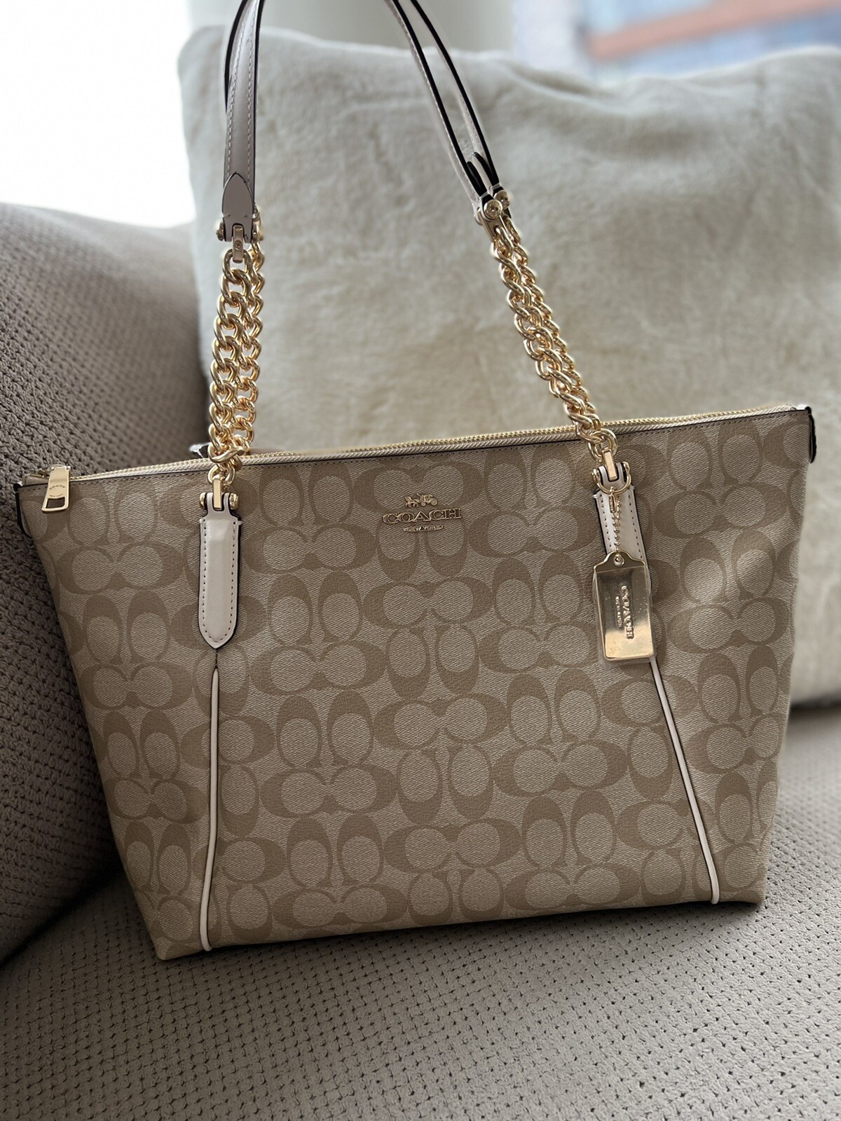 COACH Signature Ava Chain Tote Light Khaki Chalk Leather Spacious Handbag 