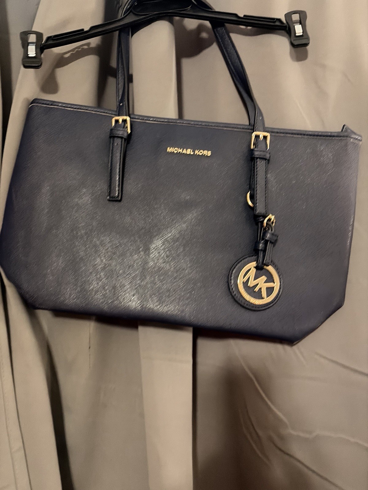 Michael Kors Black Solid Tote Zip Bag Double Handles Gold Hardware Charm Logo