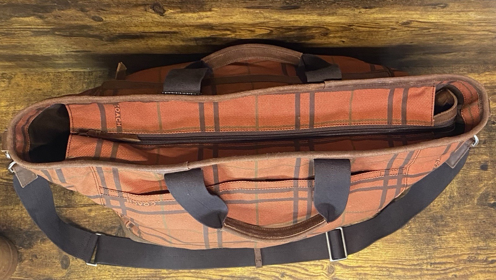Coach Camden Plaid Orange/Brown Canvas Tatersall Tote Weekend Travel Bag RARE