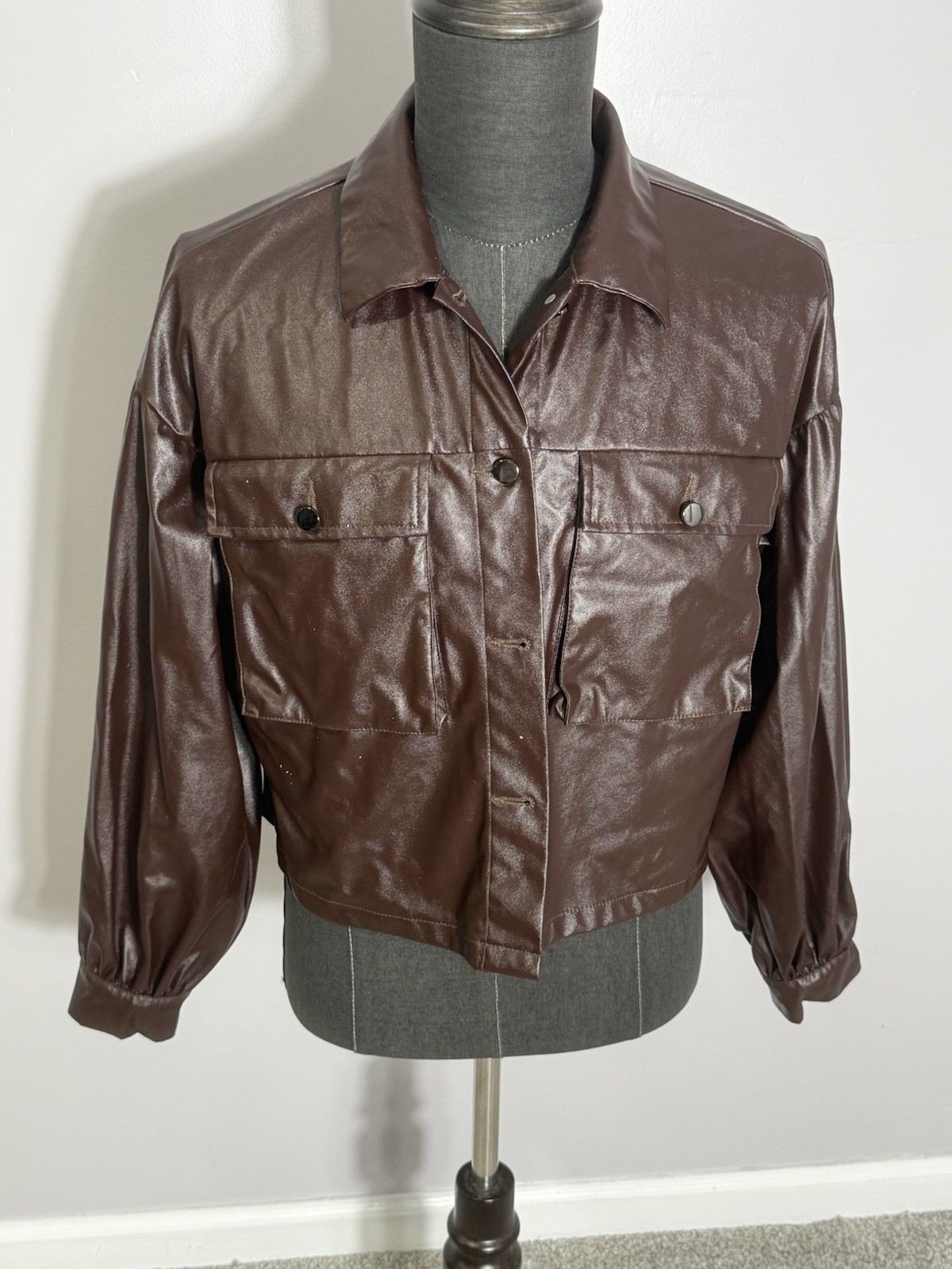 Shein Women’s Single Breasted Flap Pocket PU Leather Jacket Brown Size Med EUC