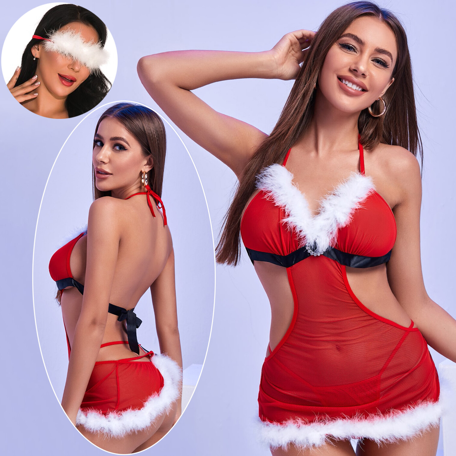 US Christmas Mesh Nightgown&Thong with Eye Mask Sexy Lingerie Set Backless Teddy