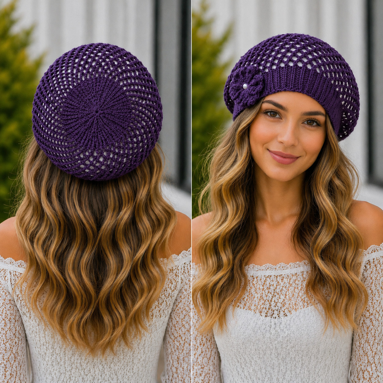 Women’s Fall Spring Winter Crochet Knit Slouchy Beanie Beret Cap Hat /W Flower