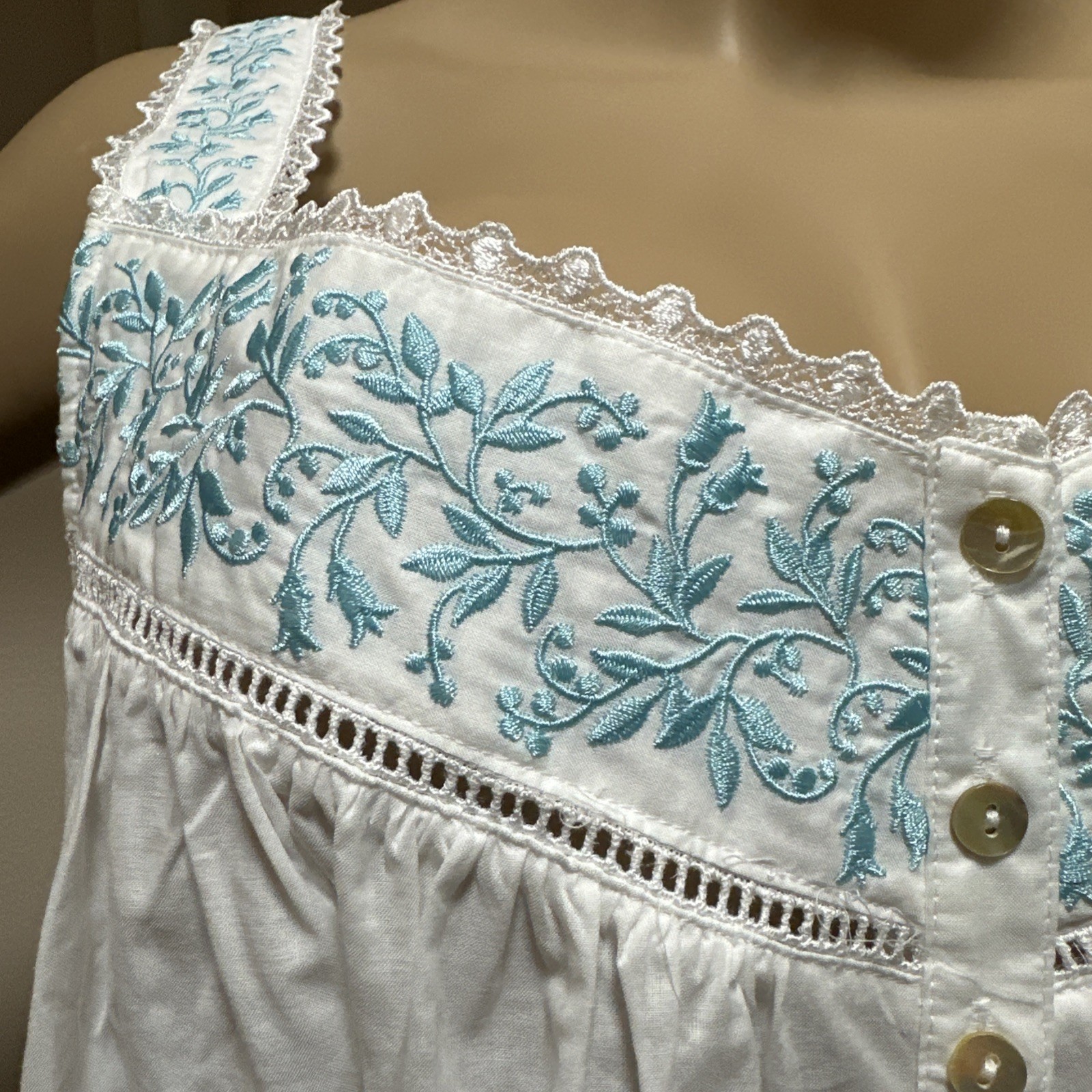 Eileen west nightgown Large 100% Cotton lawn Aqua Blue Embroidery Gorgeous.