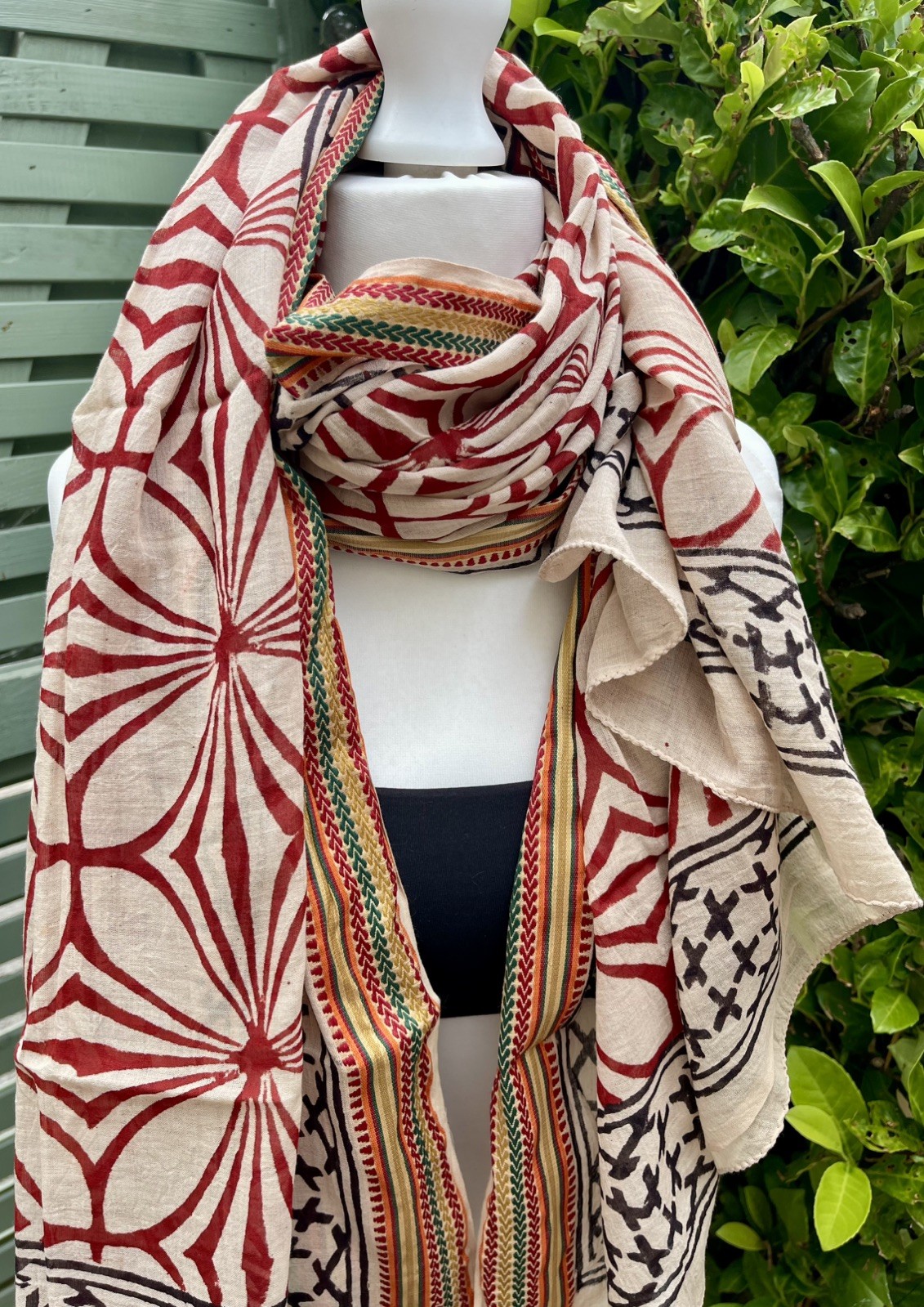 Gold silk edged 100% cotton hand block printed Zari sarong scarf shawl boho