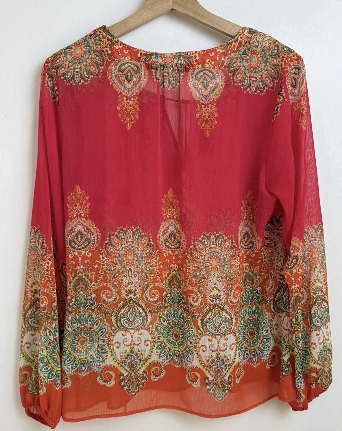 Rose & Olive Long Sleeve Tassel Sheer Top Size S Red Orange Floral Boho Layering