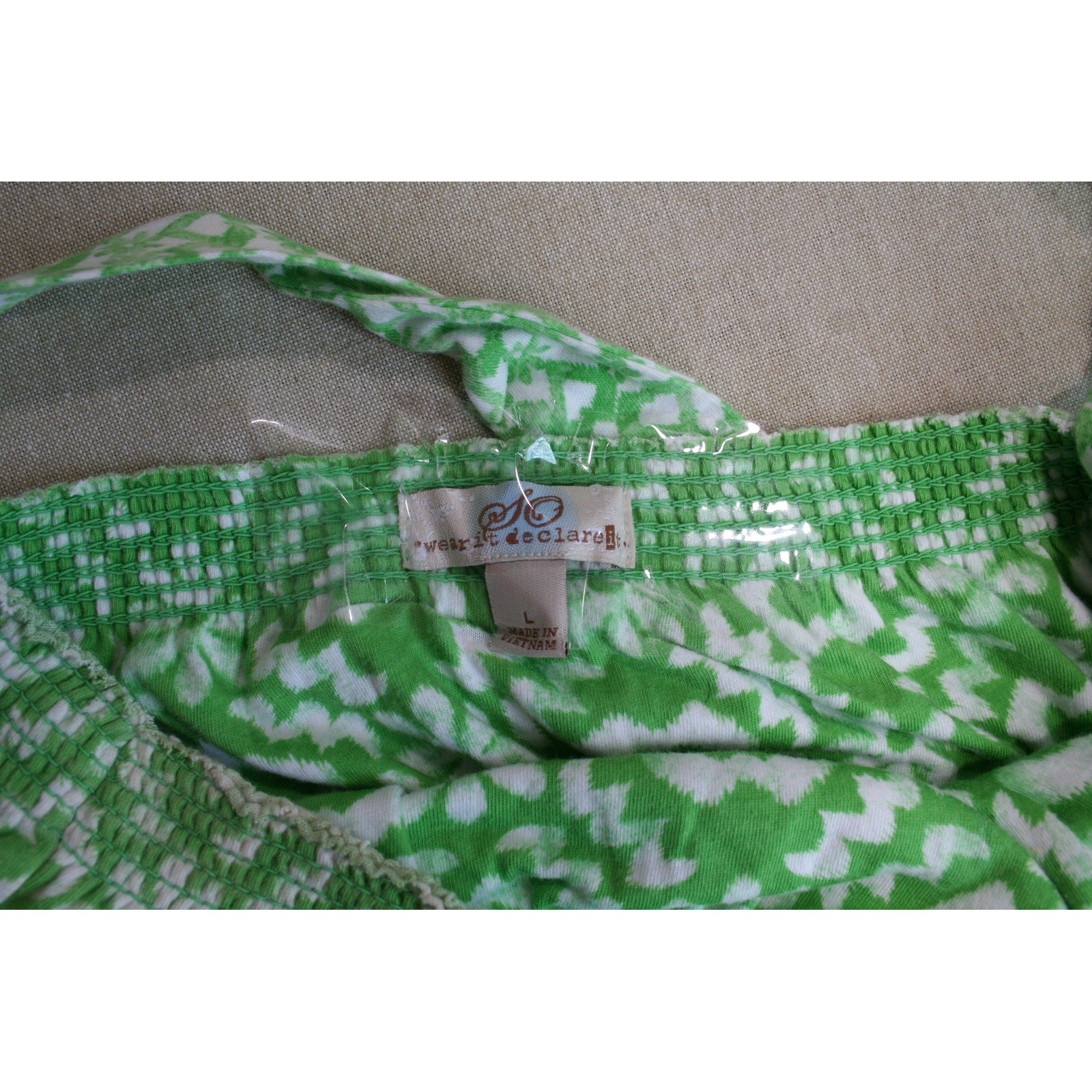 Wear It Declare It Green White Heart Ikat Smocked Halter Top Large Babydoll Boho