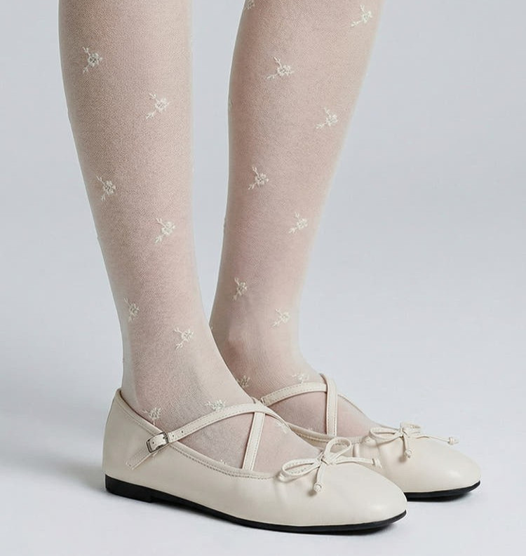 Shoopen Women X Band Ballerina Flats Ribbon Bow Comfort Shoes 1cm Ivory