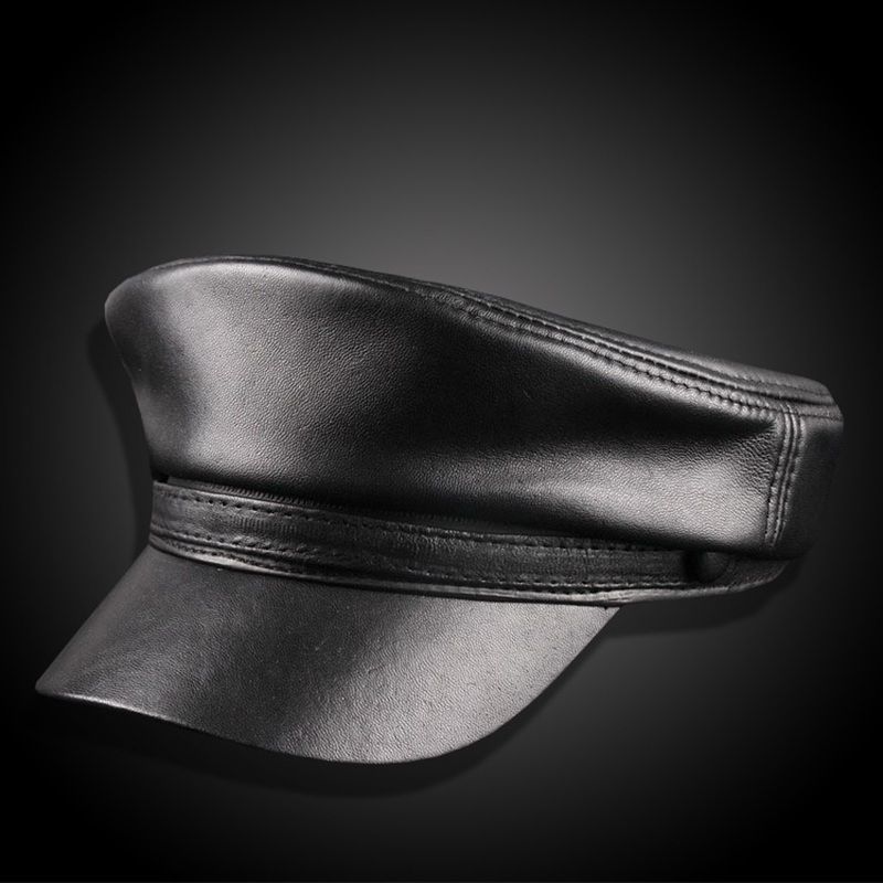 Leather Mens Sheepskin Military Big Lip Cap School Cap Black Peaked Army Hats