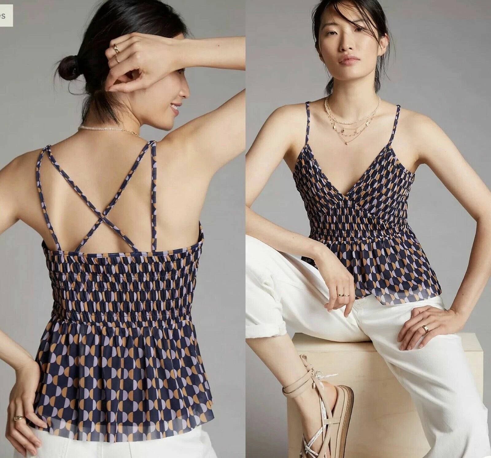 Anthropologie Semi Circle Blue Mesh V-Neck Tank Top Sz. M Strappy Back