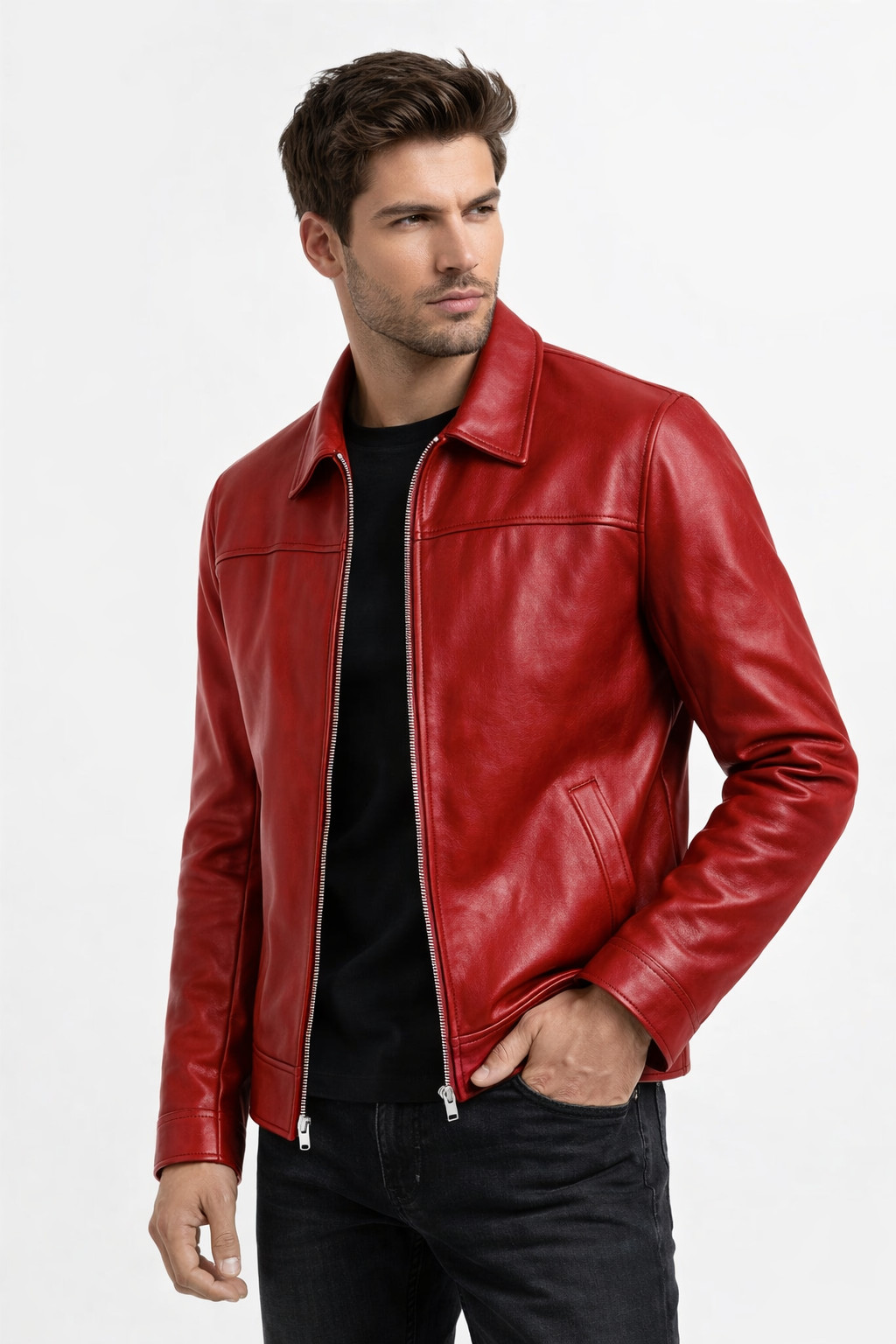 Men’s Genuine Leather Jacket Classic Zip Up Casual Biker Bomber Outerwear Coat