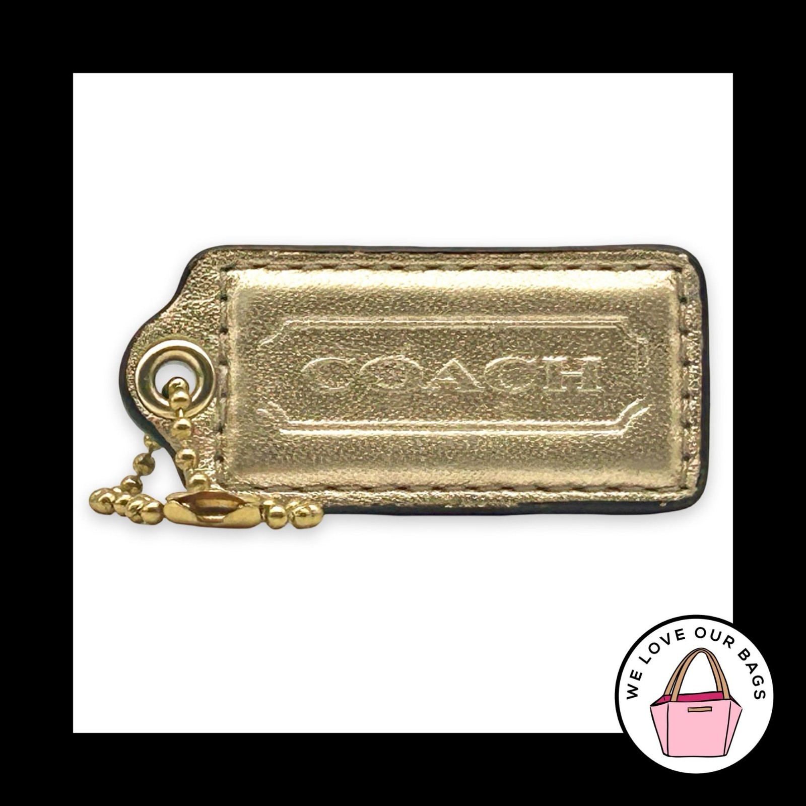 COACH HANG TAG 2.25″ Gold Metallic Leather Bag Charm Keychain Fob Brass Large