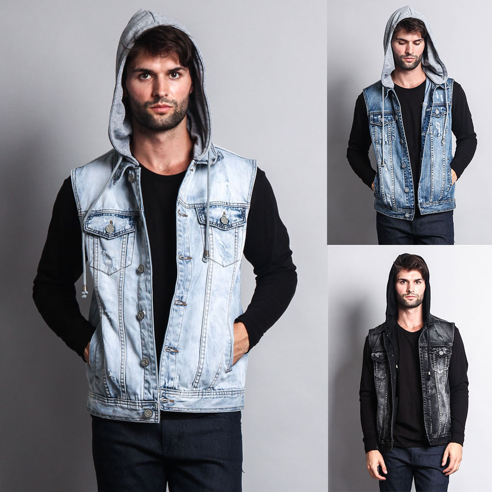 Victorious Men’s Distressed Detachable Hoodie Denim Vest S ~ 5XL DK108