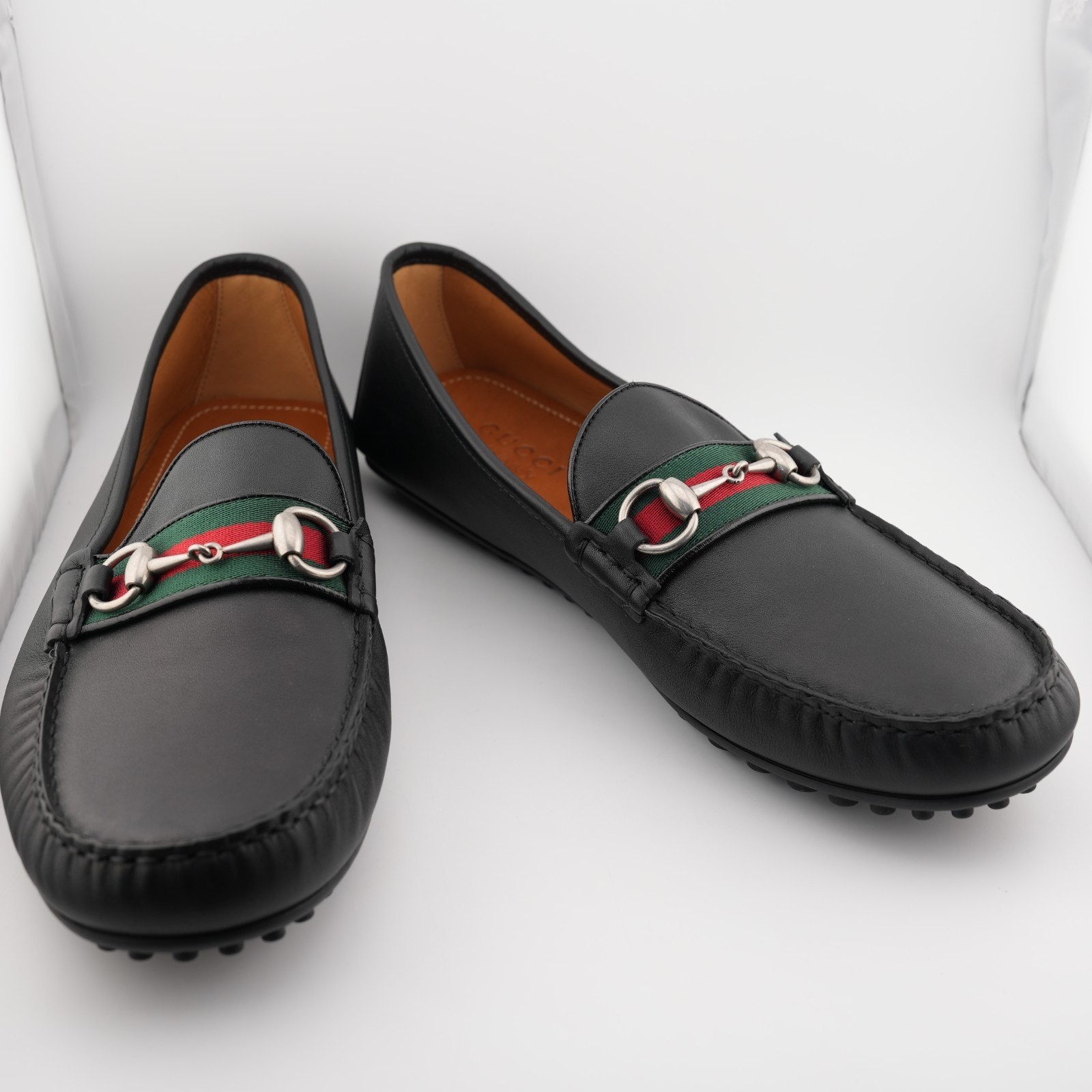 Gucci Black Leather Web Horsebit Loafers Men 11 US