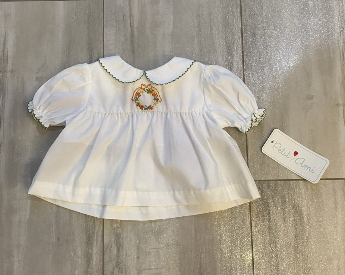 New! Petit Ami Embroidered Fall Wreath Cotton Blend Gingham Diaper Set, Girls 3M