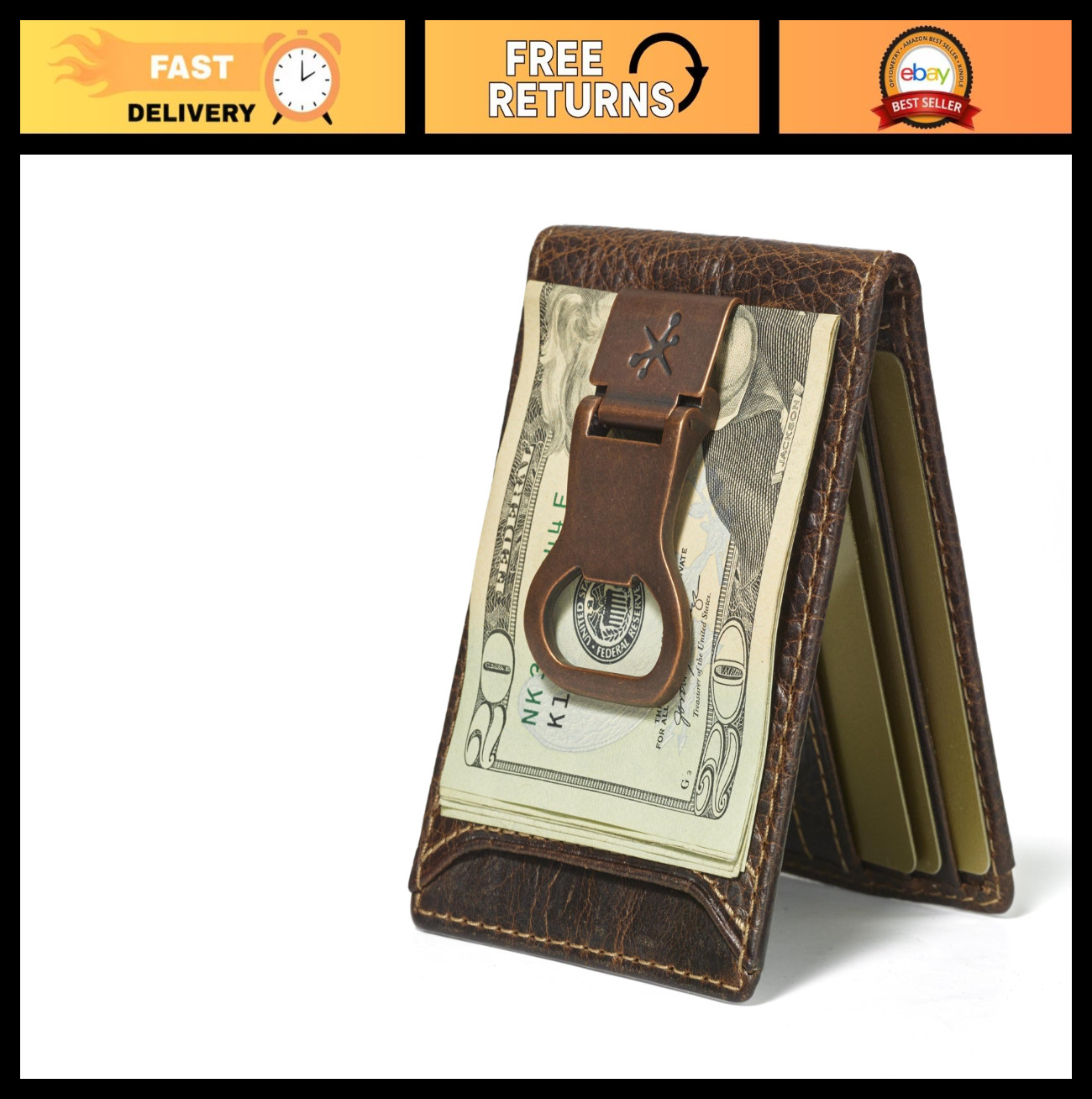 Slim Bifold Money Clip Wallet for Men – Full Grain Leather, Bottle Opener, ID Wi