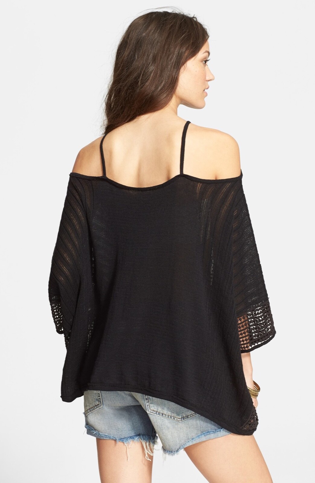 EUC $108 Free People Echo Stitch Cold Shoulder Sweater Black [ Small ] #1902