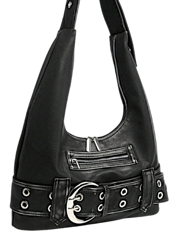 Black Punk Rock Shoulder Bag Belt Buckle Gothic Hobo Purse Edgy Handbag Women