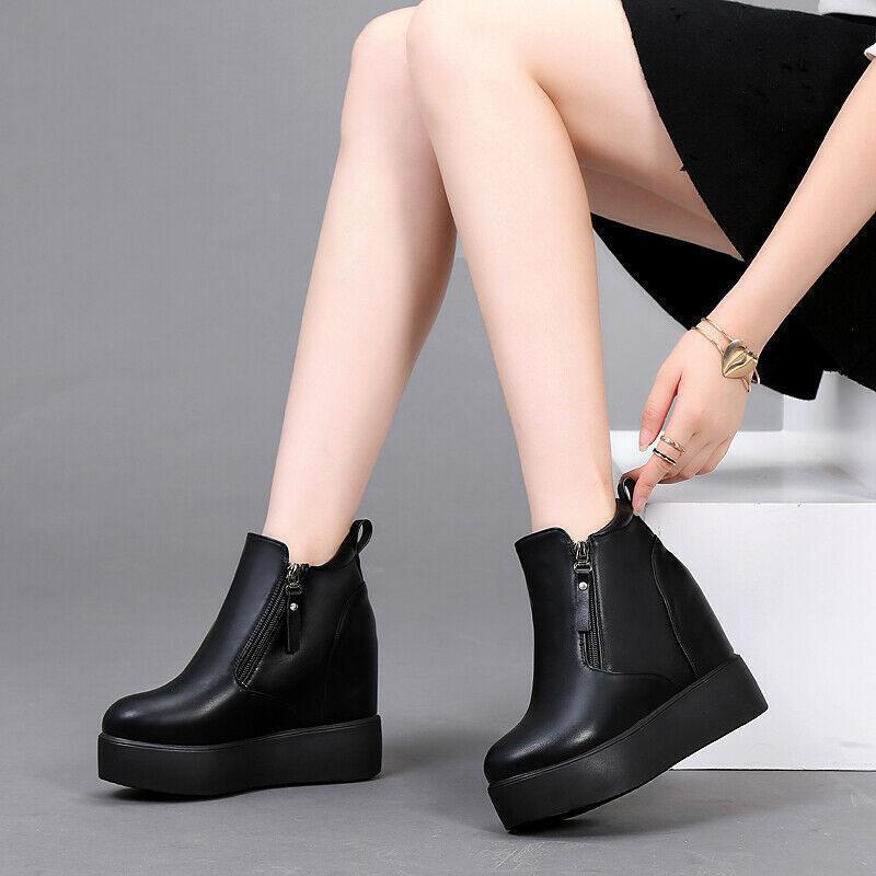 Women’s Hidden Wedge Platform Ankle Boots Creepers Shoes Round Toe Zip Fashion