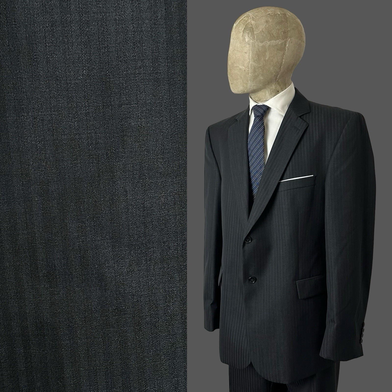 Strellson Suit 44R 38R 2PC Men’s Black Super 120’s Wool Herringbone Stripe