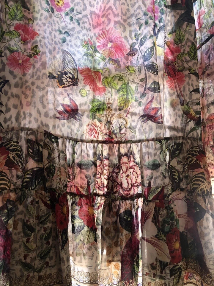 Camilla M/L 12 LEOS BOUQUET A-Line Gathered Panel Dress Short Silk Crystals $699