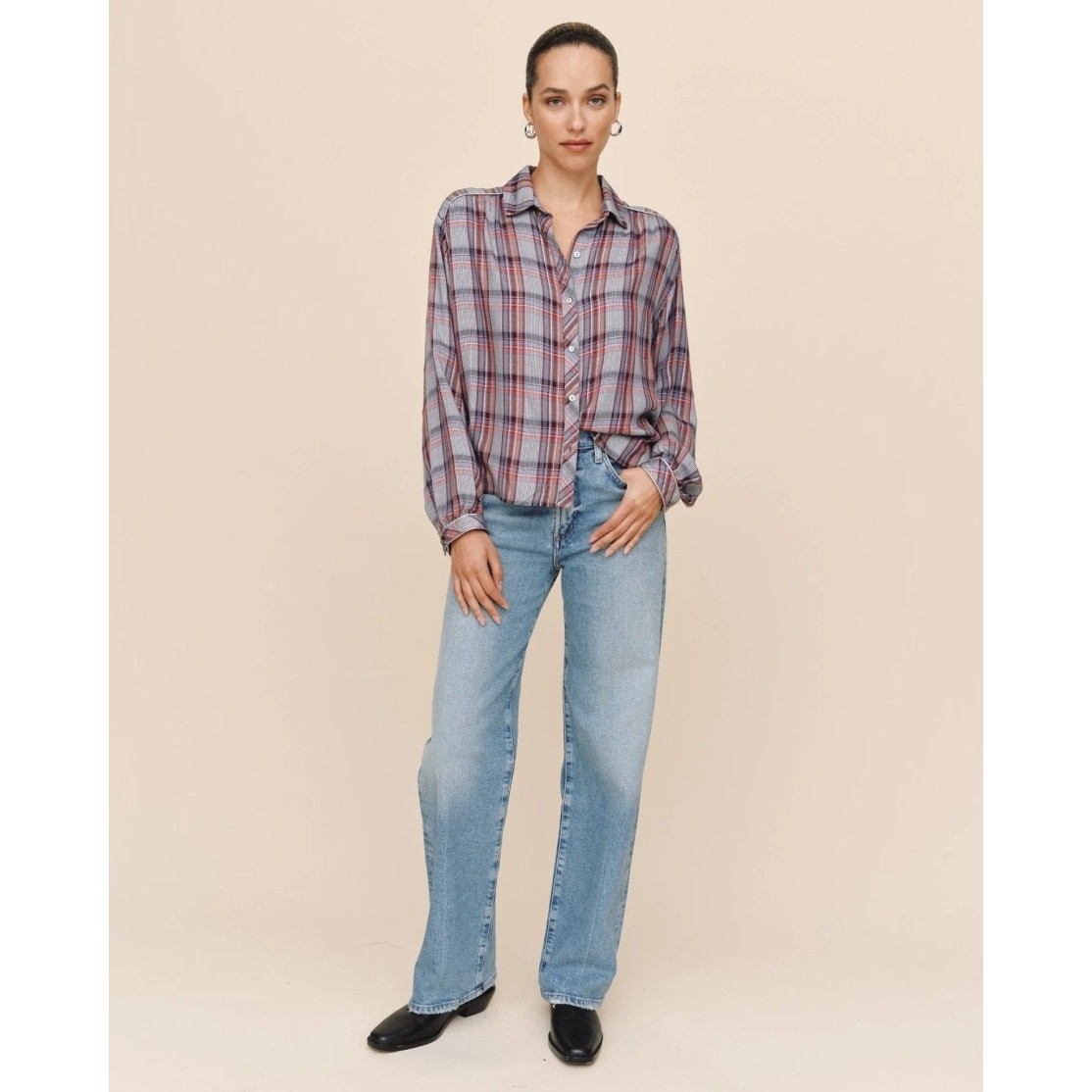 Bella Dahl Trimmed Flowy Top Womens Large Multicolor Plaid Shimmer Preppy Shirt