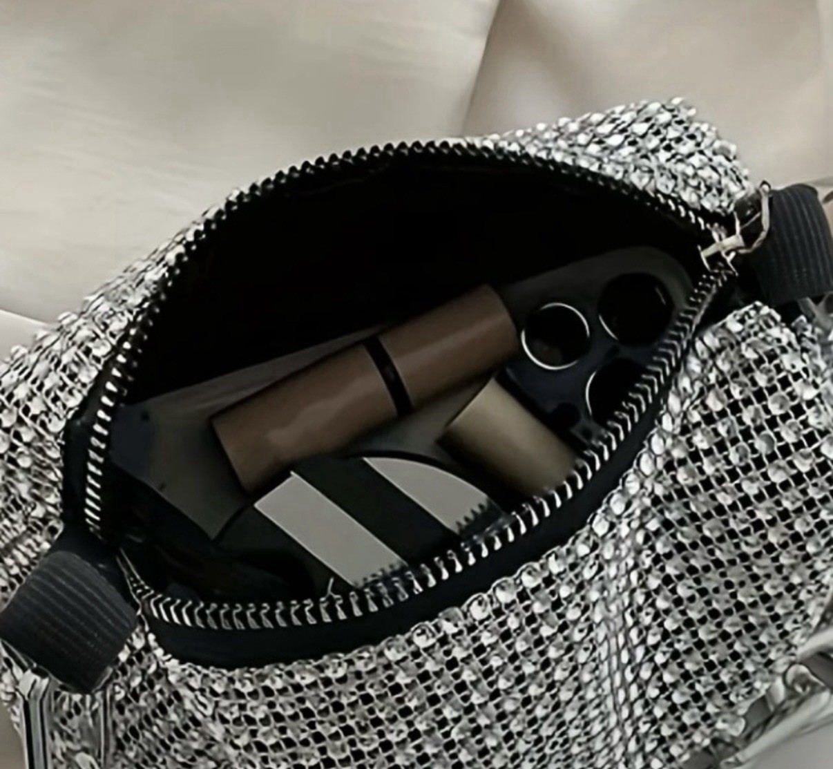 Silver Metallic Rhinestone Mesh Crossbody Bag Chain Strap Zip Closure