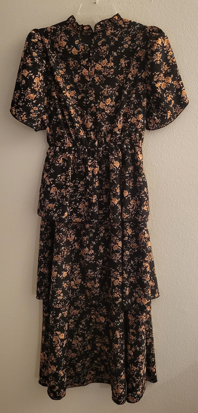 Ditsy black floral Petal Sleeve Layered Midi Dress small Prairie Forest Fairy