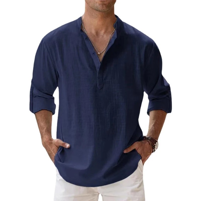 Men’s Cotton Linen Henley Shirt Summer Casual Beach Hawaiian Style Vacation Wear