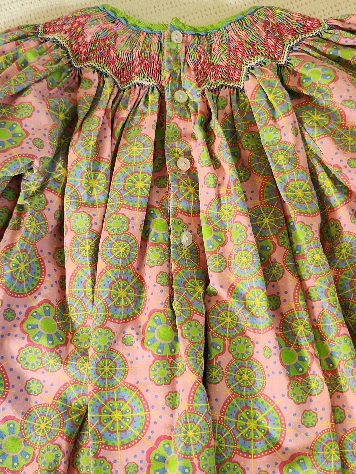 Petit Ami Smocked Green/Pink Multicolor Long Sleeve Dress 2t