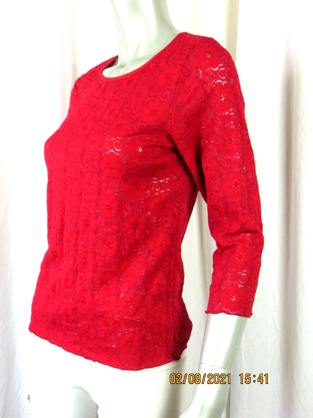 B. Moss SZ M Nylon/Span Red Semi Sheer Stretchy-Lace Fabric 3/4 Sleeve Top Shirt