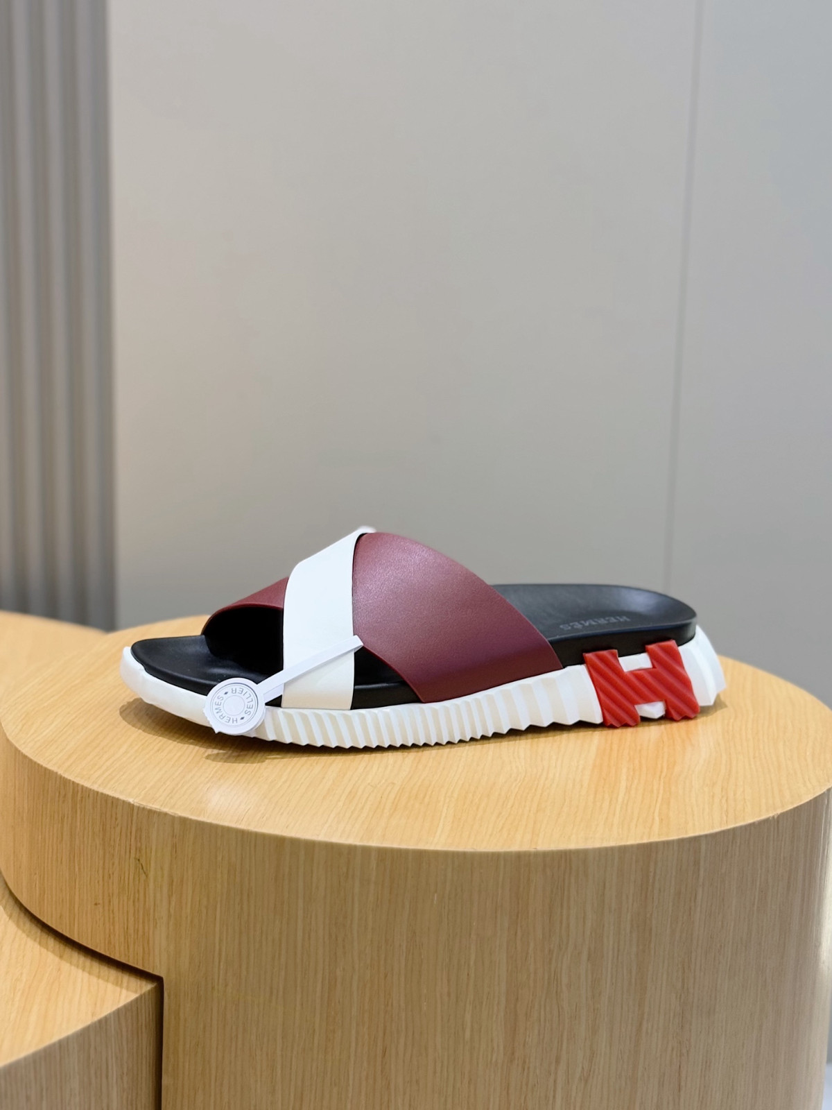 Hermes Eclair Men’s Chunky Platform Slides Burgundy & White Leather Cross Band S