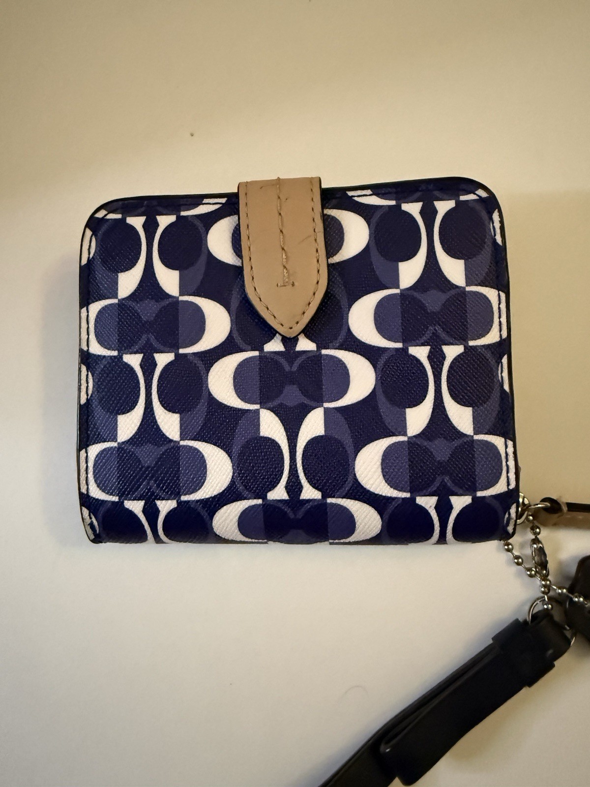 Coach Blue White Beige Logo Pattern Zip-Around Wallet w/ Credit Card Slots