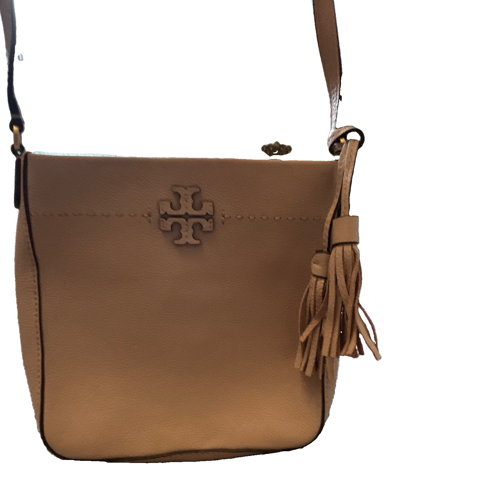 Tory Burch Beige Pebbled Crossbody Bag Gold Hardware Tassel Logo Zip Card