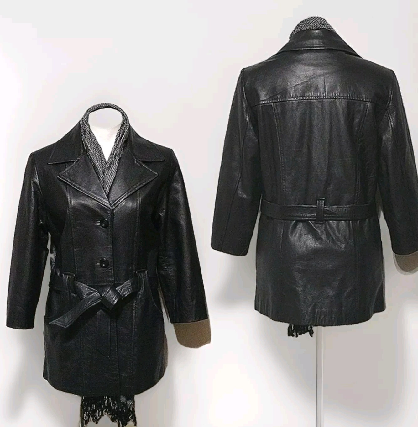 Phase 2 Vtg Gothic Black Leather Belted Button Down Jacket Coat MP Thigh Length
