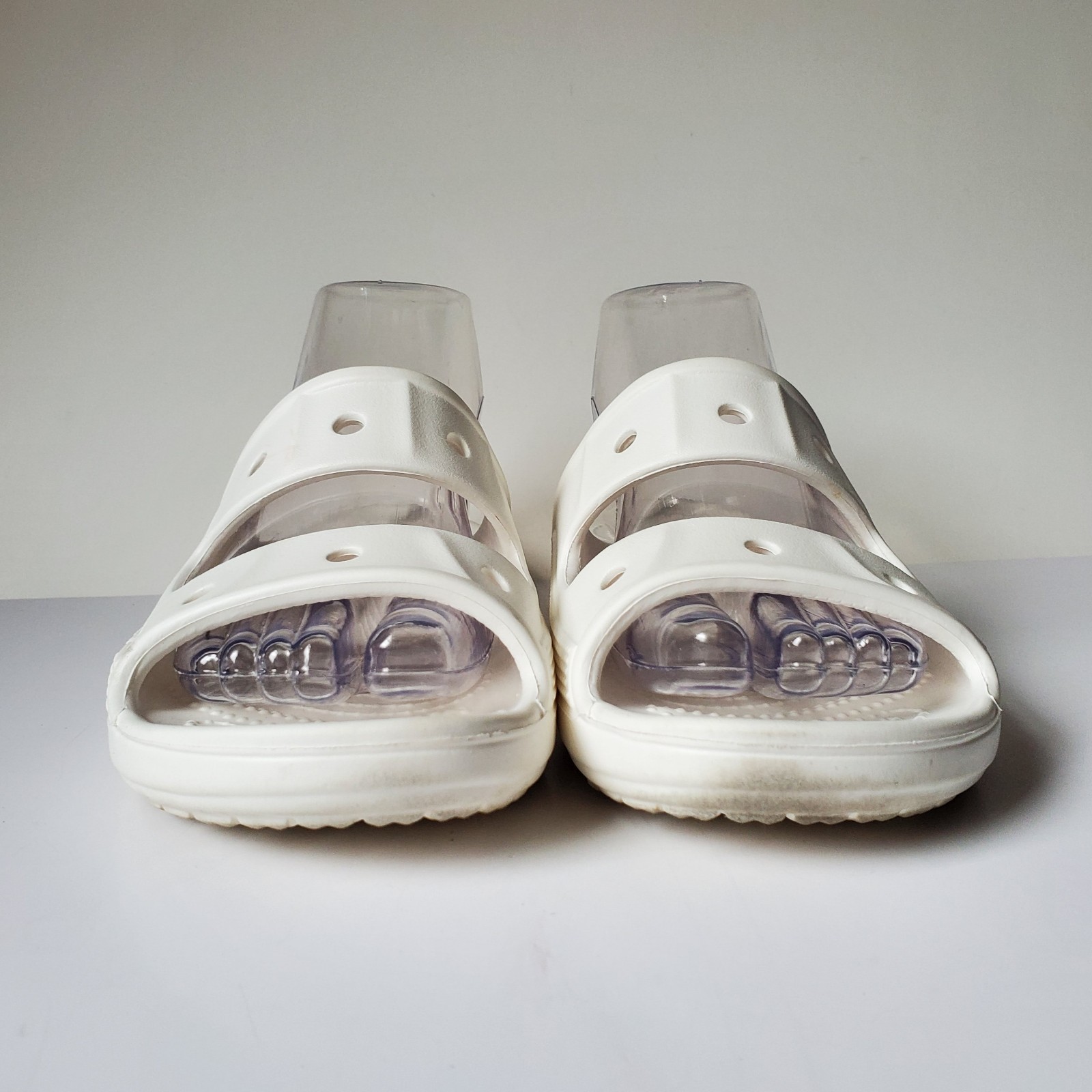 Crocs Baya Slide Sandals Unisex Women 7 Men 5 Spellout Slip-On White Two 2 Strap