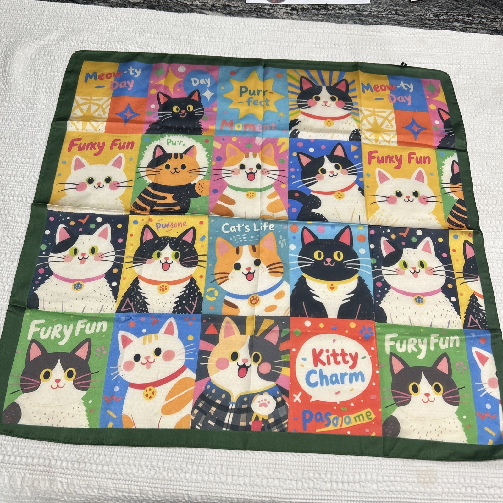 Colorful Cats Funky Fun 26” Square Scarf Floaty Green Border New Breeds Kitties