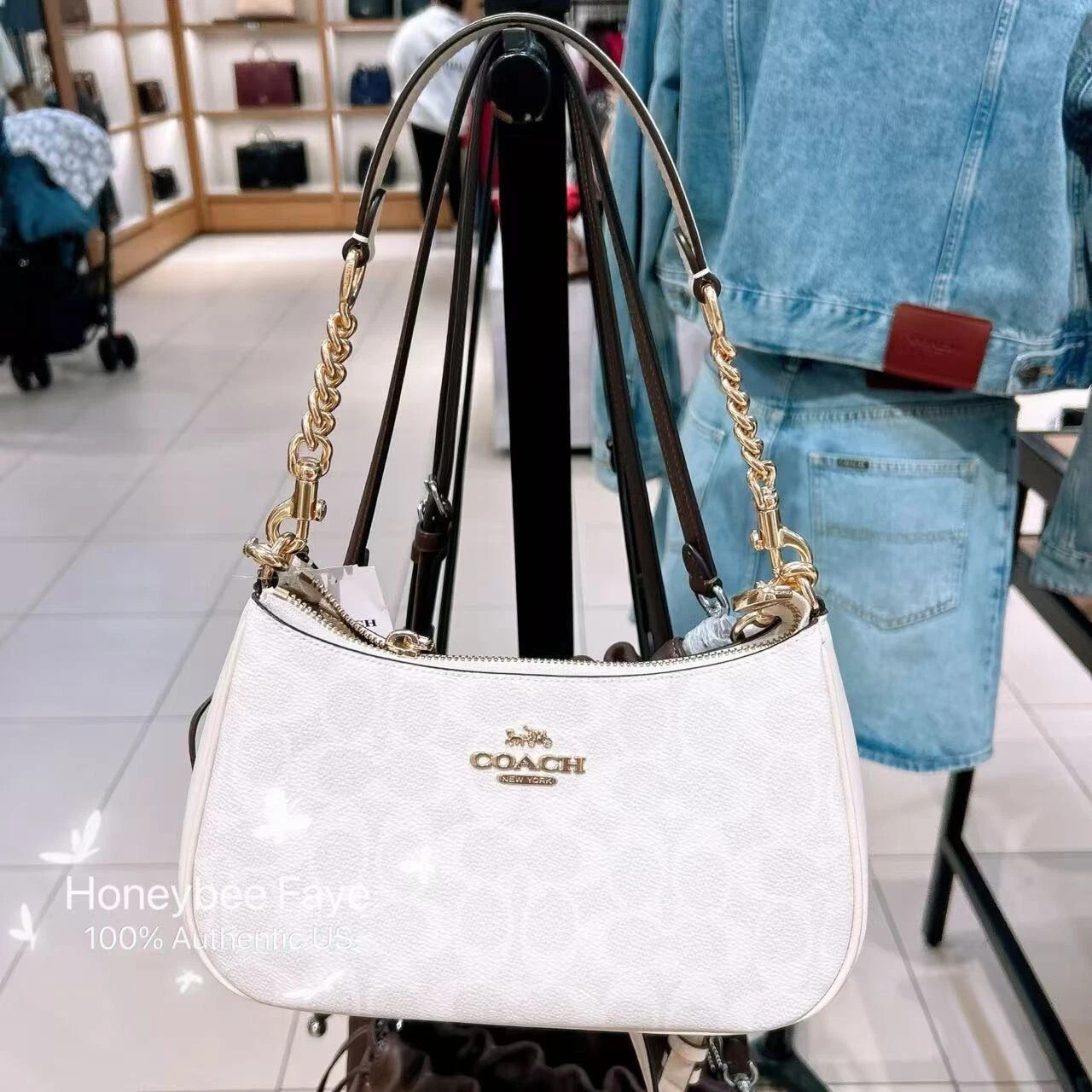 NWT COACH CV933 Teri Shoulder Bag In Signature Canvas Gold/White Chalk 🔥🔥