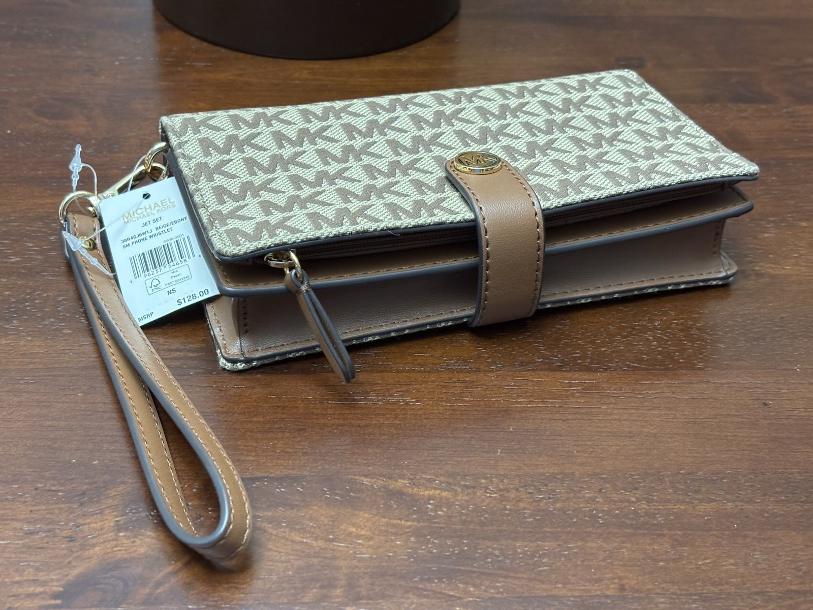 Michael Kors NWT Jet Set Small Phone Case, Wristlet Wallet, Beige/ Ebony $128