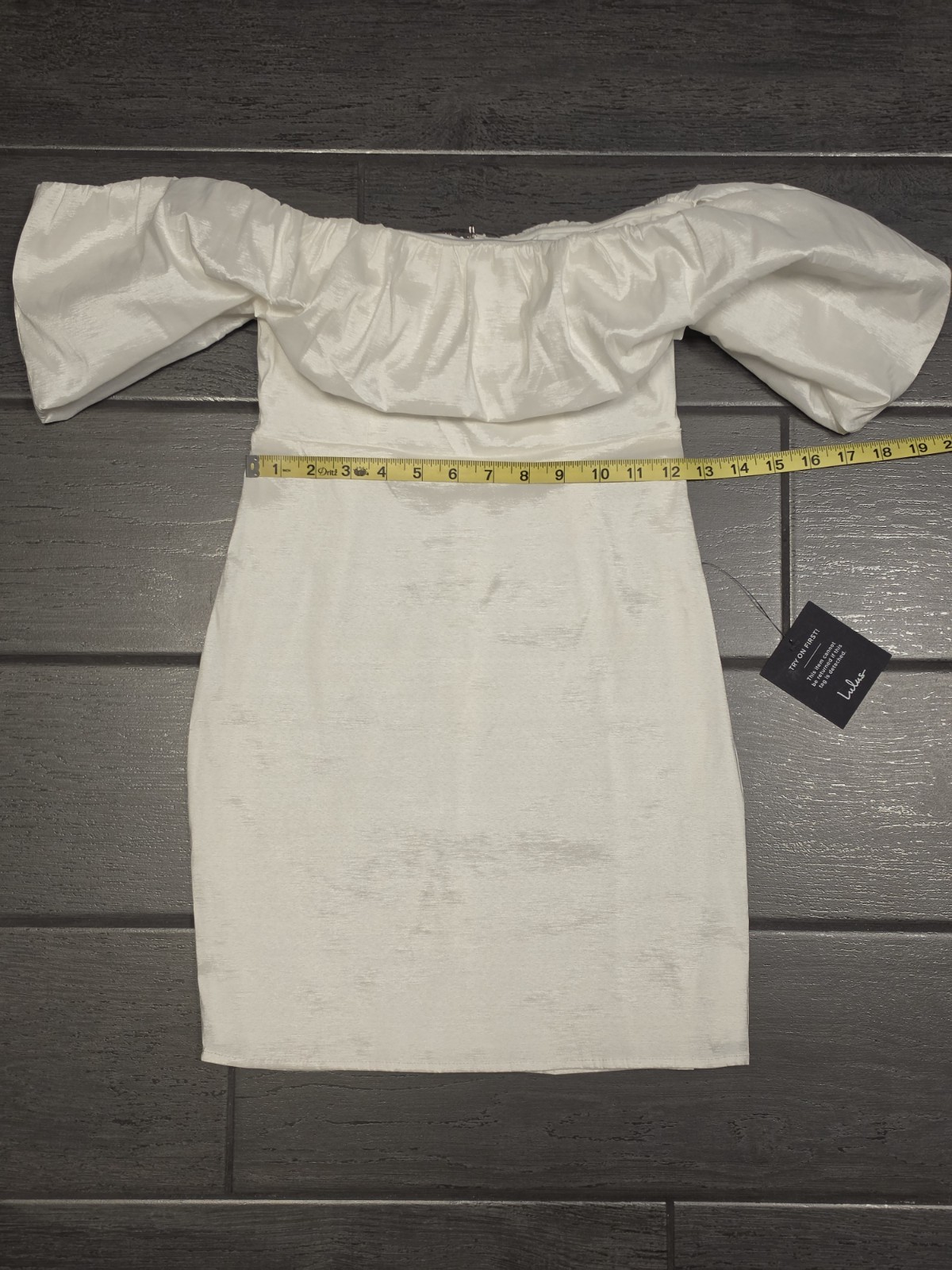 LULUS White Satin Off-Shoulder Ruffle Puff Sleeve Bodycon Mini Dress S