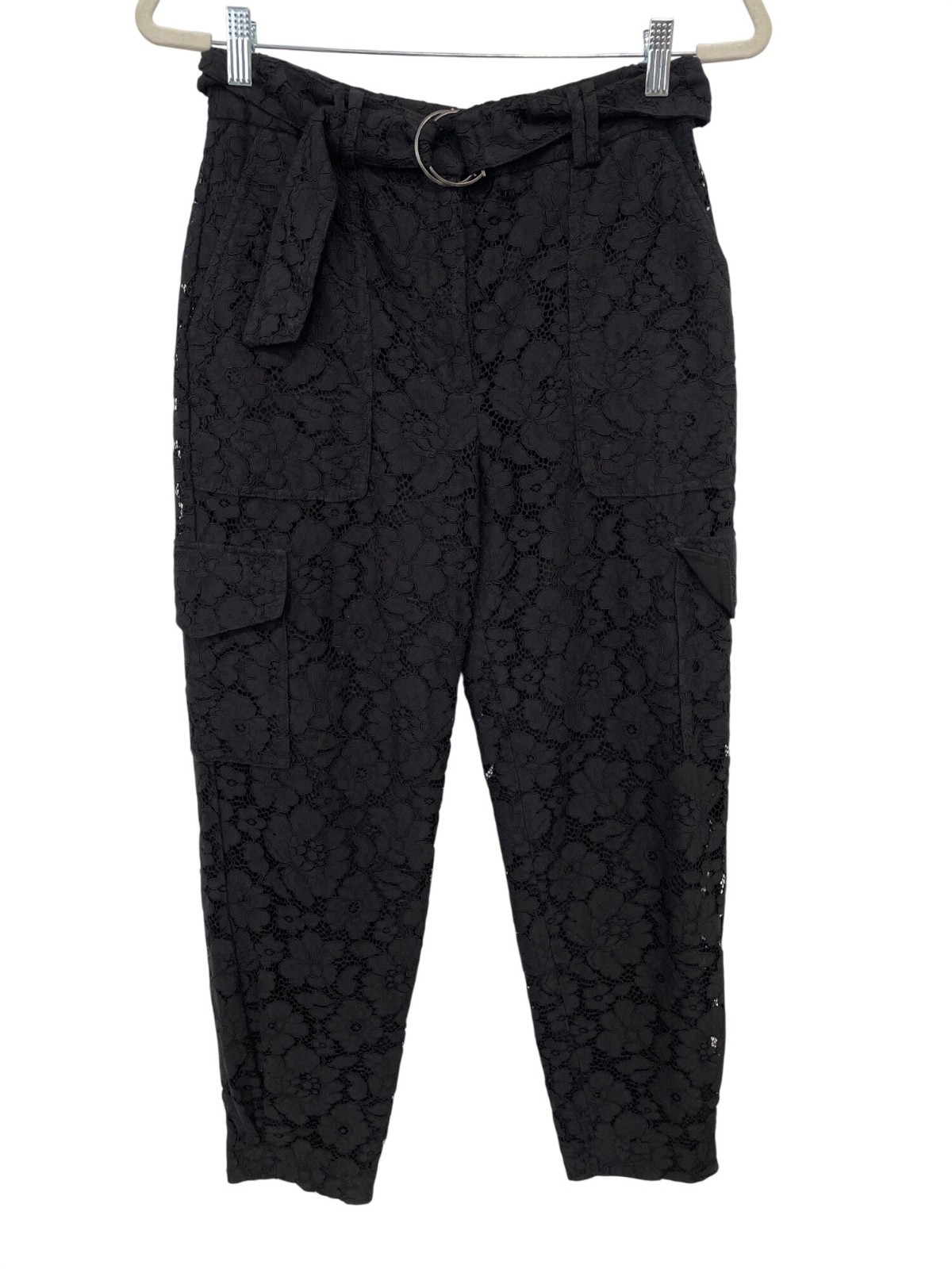 Express Lace Cargo Pants Size 4 Belted Pockets High Rise Lined Black Whimsigoth