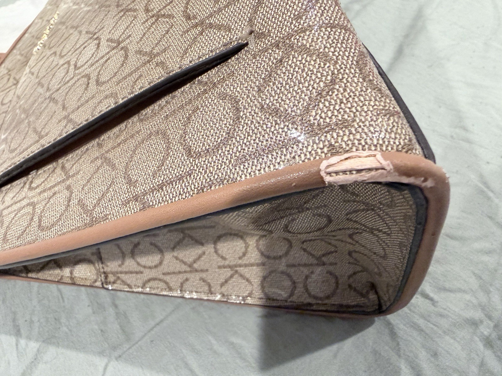 Calvin Klein Beige Logo Satchel Top Handle Bag with Double Handles