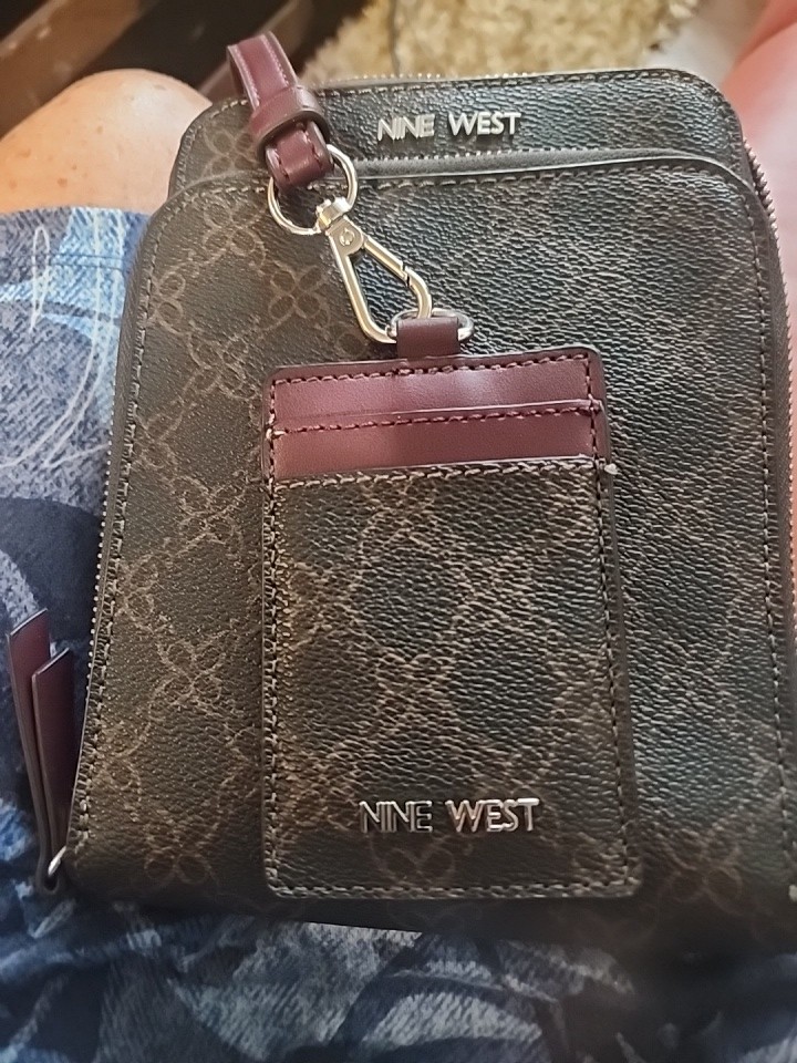 Nine West Lior Granite Crossbody Purse Double Zip Compartments Brown Monogram