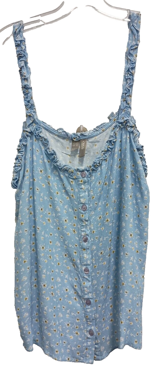 ASOS BOHO Cottagecore Tank Top Womens 12 Blue Floral Ruffle Coquette Beach