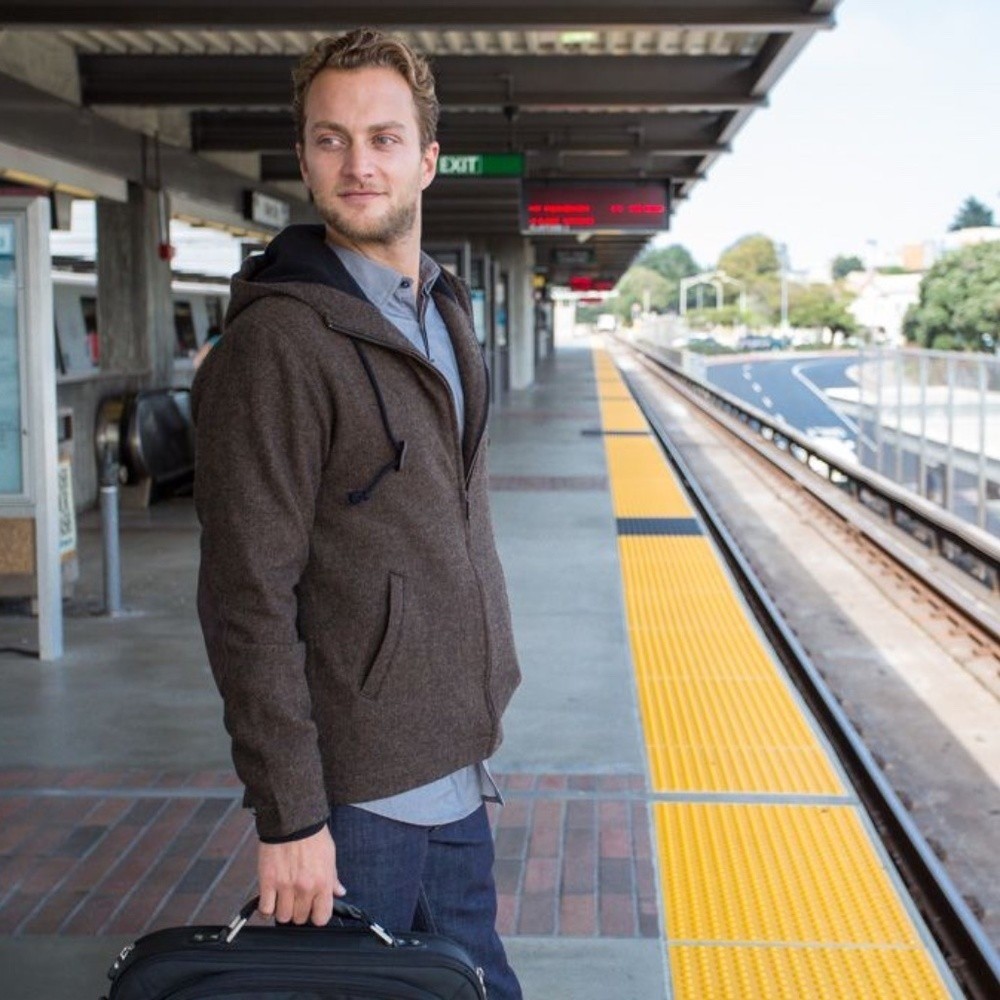 Betabrand Herringbone Academic Zip Front Hoodie Jacket Wool Brown Elbow Patches