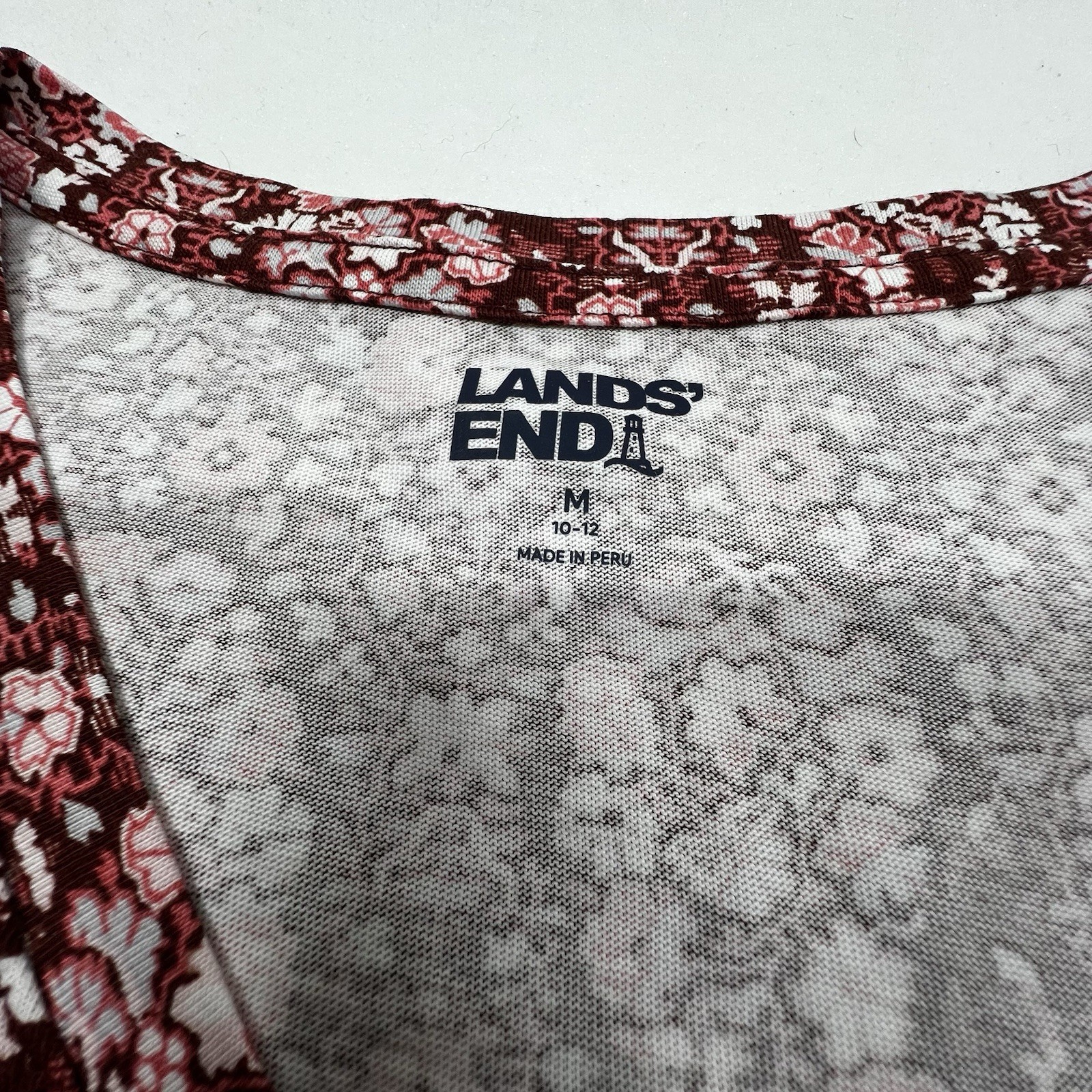 Lands End 100% Cotton M (10-12) Long Sleeve V Neck Pink/Burgundy Floral Top
