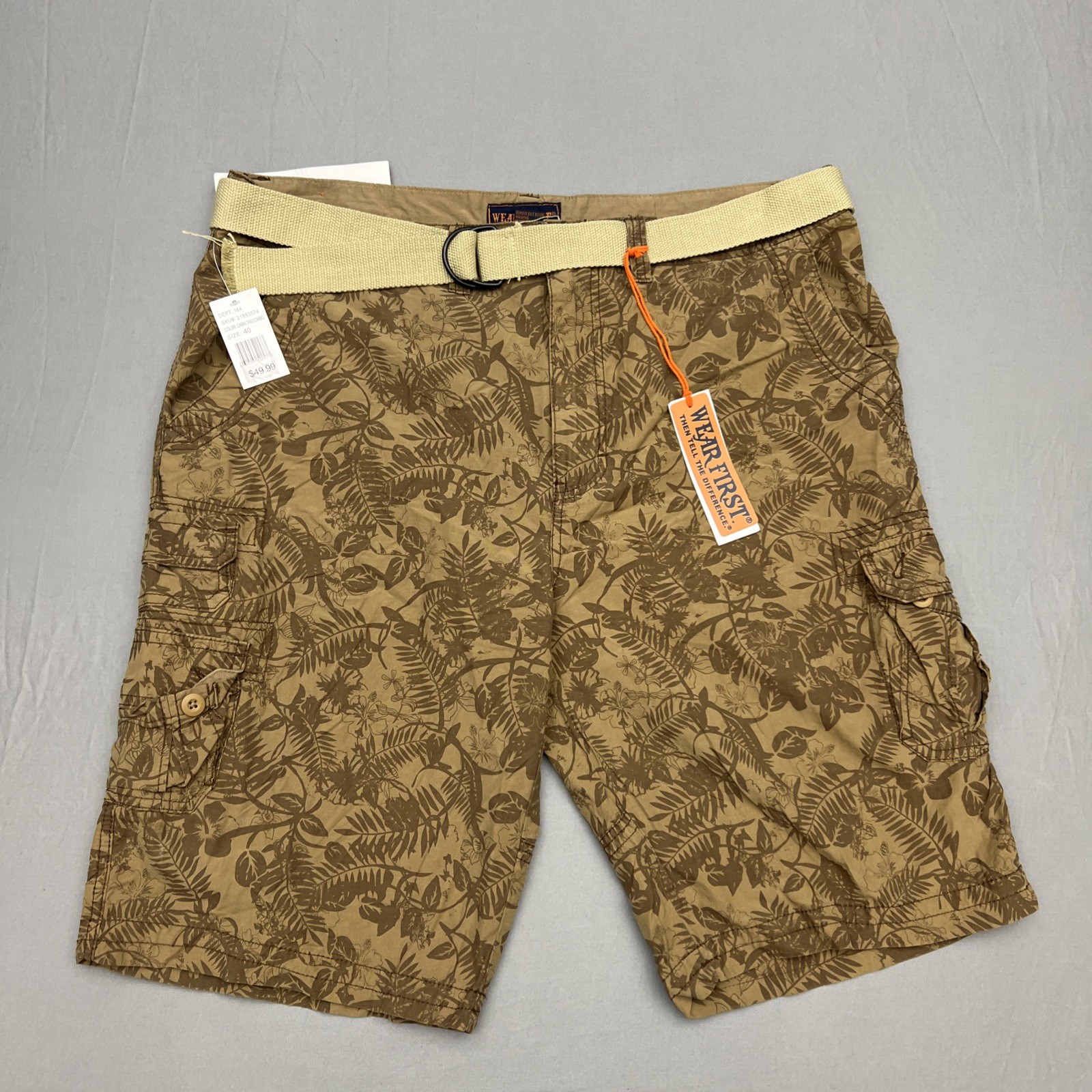 NEW- Wear First Palm Tree Hawaiian Brown Cargo Shorts with Belt Size 40