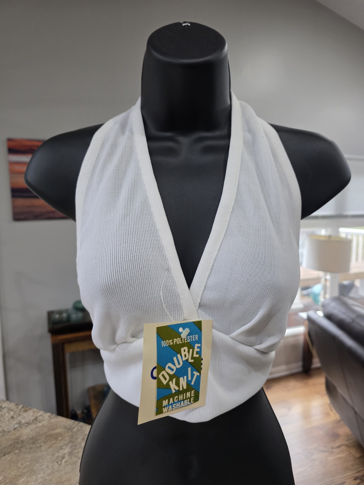 NOS Vtg 1970s Halter Top Double Knit Deadstock One Size Fits All Blue / White
