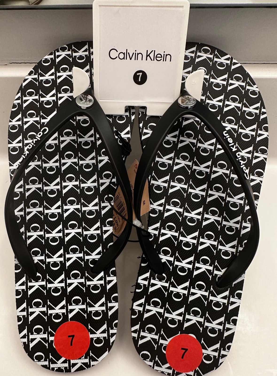 Calvin Klein Women’s Black/White Logo Print Slip-On Flip Flop Sandals Size 7